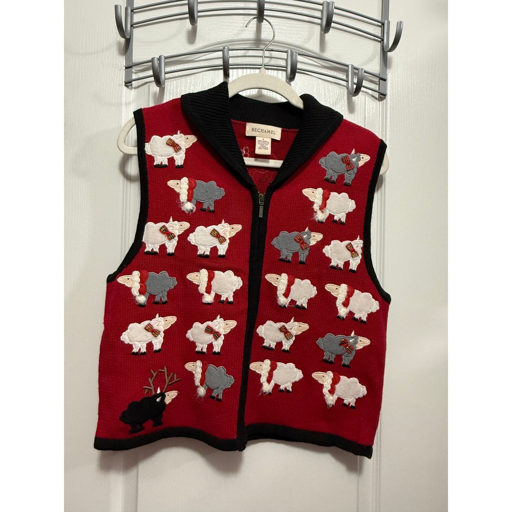 vintage Bechamel Women's Red black Knit Zip Up Vest Sheep embroidered Size S